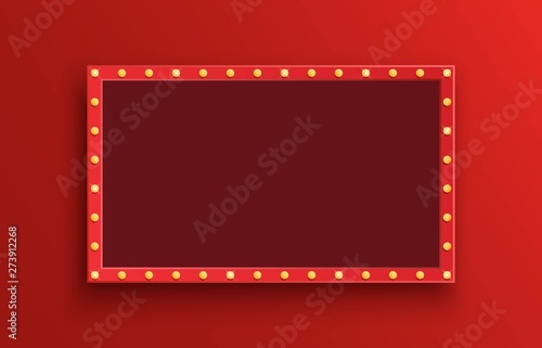 Realistic retro sign banner with illuminated light bulbs. Lightbox billboard for cinema, bar show or restaurant. Vintage neon glowing rectangle. Template design for vintage decoration and signboard.