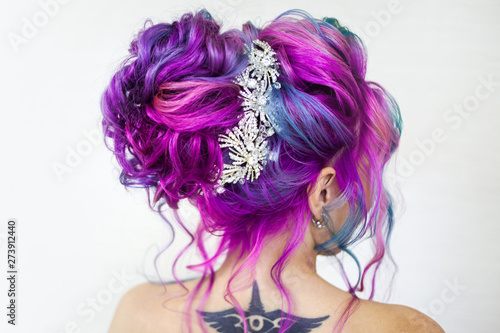 Incredible hair color  bright blue and Magenta gradient. Stylish fashionable hair coloring.