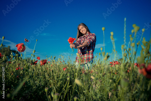 girl in poppy field. girl in summer. Young girl with long hair among the blossoming poppy field. concept of freedom and travel. Poppy buds. 