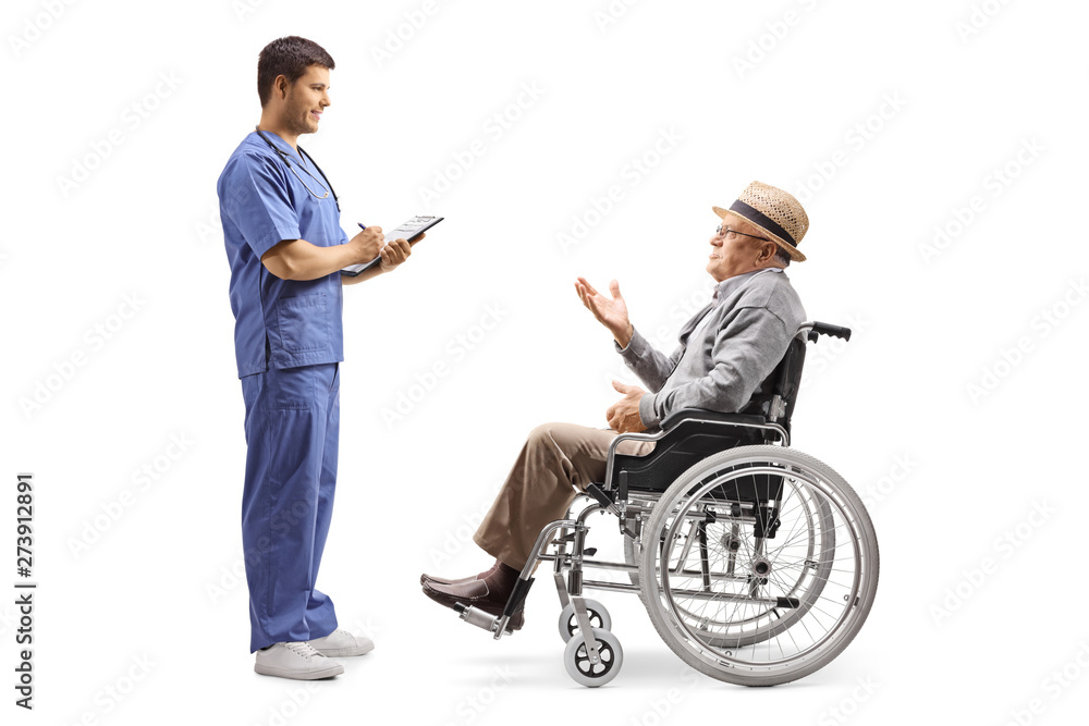 Senior man in a wheelchair talking to a young male doctor Senior man in a wheelchair talking to a young male doctor