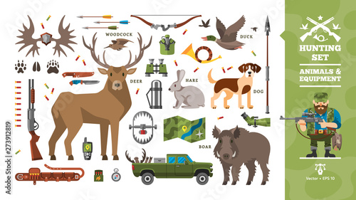 Hunting set with flat character hunter, wild forest animals and equipment: dog, deer, boar, hare, duck, weapon, pickup, trophy, vacuum flask, knife and more hunt ammunition.