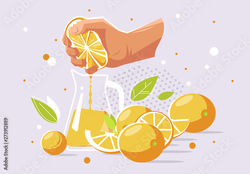vector illustration of a human hand that squeezes the juice from an orange into a glass carafe, oranges
