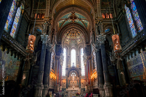 LYON, FRANCE -  JUNE 13, 2019 : The Basilica Notre Dame de Fourviere, built between 1872 and 1884, located in Lyon, France. © Jbyard