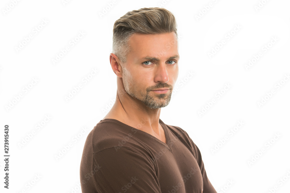 Obraz premium Silver hair shampoo. Anti ageing. Grizzle hair suits him. Deal with gray roots. Man attractive well groomed facial hair. Barber shop concept. Barber and hairdresser. Man mature good looking model