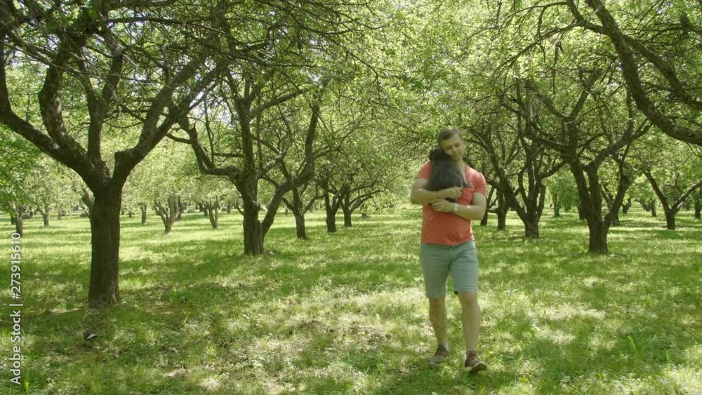 Cat is hugging handsome man. Happy smiling and laughing handsome man holding a big grey fluffy cat near his face and walking through green trees alley in slow motion. Man Stroking a Cat. Cat is hugging handsome man. Happy smiling and laughing handsome man holding a big grey fluffy cat near his face and walking through green trees alley in slow motion. Man Stroking a Cat.