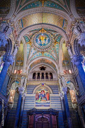 LYON, FRANCE - JUNE 13, 2019 : The Basilica Notre Dame de Fourviere, built between 1872 and 1884, located in Lyon, France.