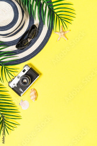 Summer travel concept flat lay image.