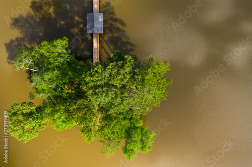 Aerial perspective of a pedestrian bridge over an island surrounded by water..