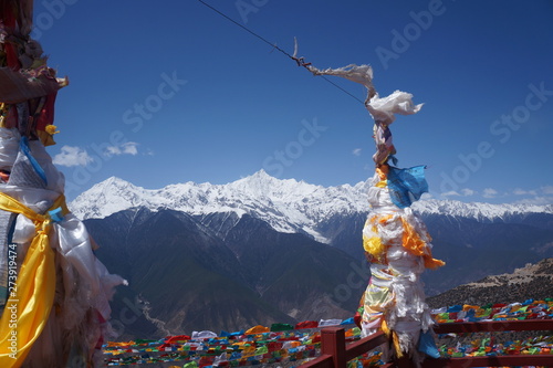 Views of the Meili Snow Mountain magic peaceful Tibetan place from Deqen photo