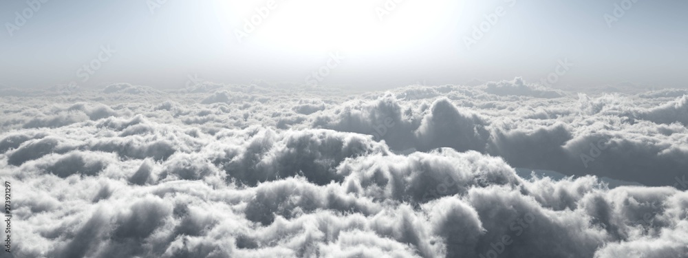 Light over the clouds, flying over the clouds, panorama of clouds, 3d rendering