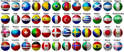 Footballs 2022  48 footballs soccer balls with different national flags on a  white background