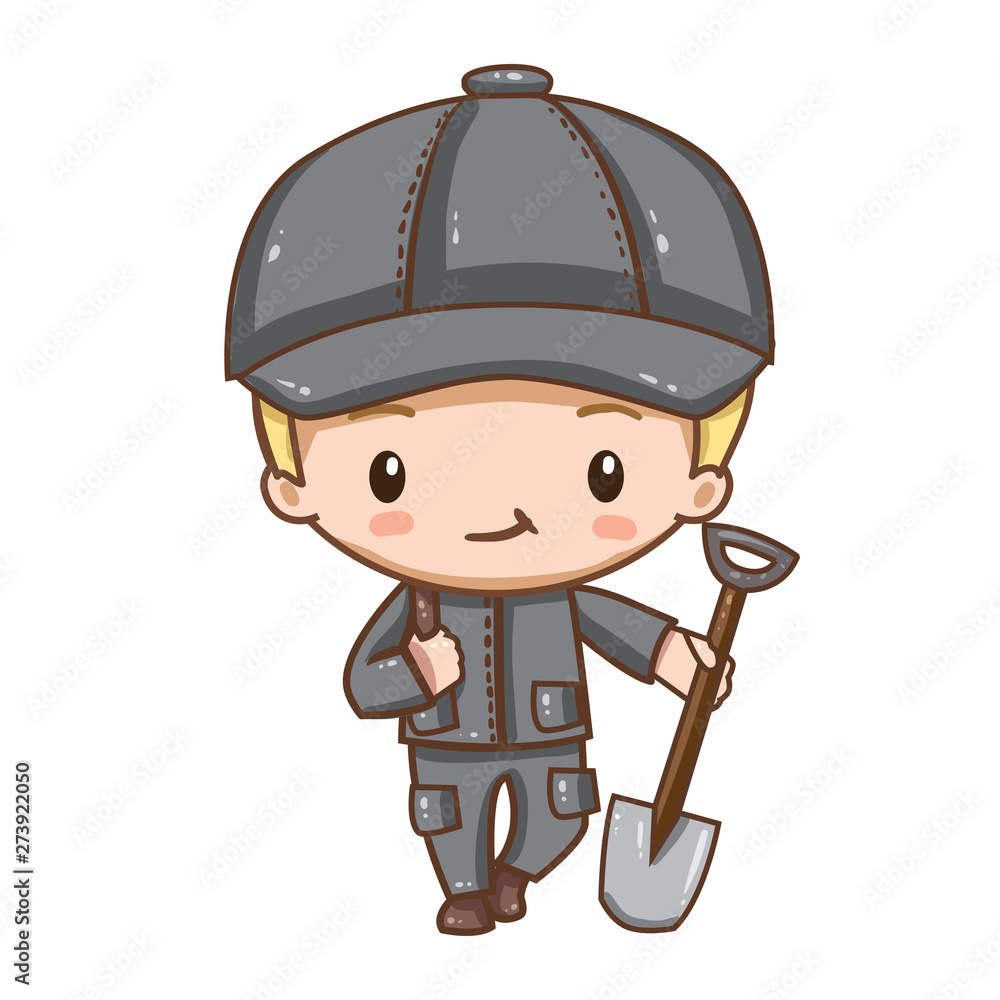 Cute chibi character. Vector illustration of worker hold shovel in his hand. Cartoon worker in uniform isolated on white background