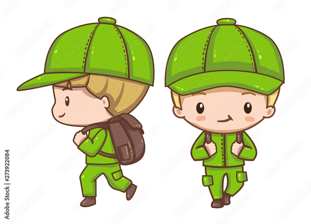 Vector illustration of cute chibi character isolated on white background. The traveler or soldier with a backpack in clothes for hike. Various turns figure. Front view and side view. Vector illustration of cute chibi character isolated on white background. The traveler or soldier with a backpack in clothes for hike. Various turns figure. Front view and side view.