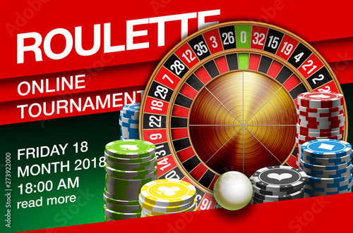 illustration Online Poker casino banner with american roulette on green surface table. Marketing Luxury Banner Jackpot Online Casino classic roulette. Advertising poster with red flat paper for text