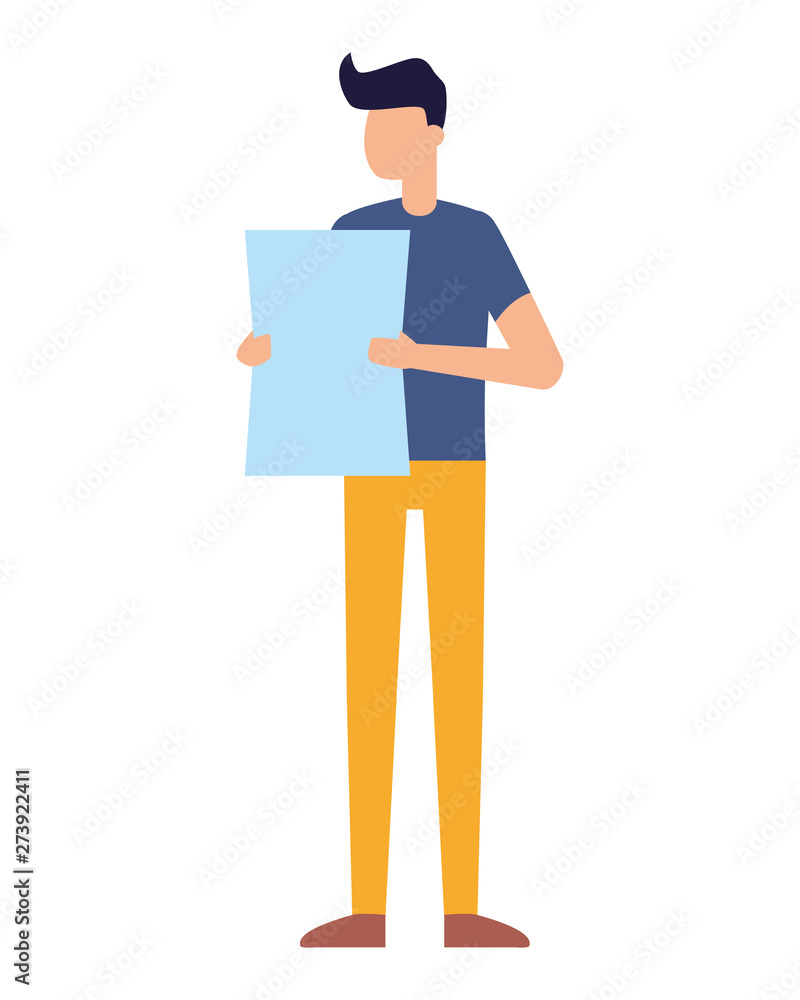 young man holding paper on white background young man holding paper on white background