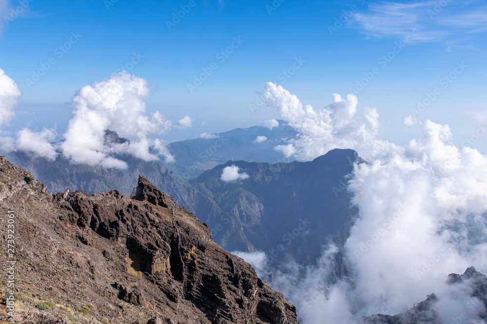 Above the clouds and geological landscape at Roque de los Muchachos, La Palma Island, Canary Islands, Spain
