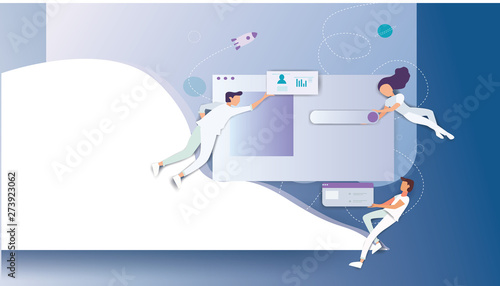 Creative Team Characters Make Site or Web Interface Project. Website Designer and Programmers Developer Meeting. Social Media Wireframe Develop. Office Life Teamwork. Cartoon Flat Vector Illustration.