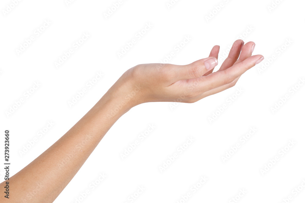 Woman empty hand holding with back hand side isolated on white background