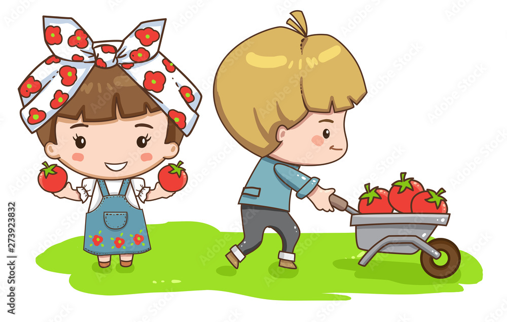Vector illustration of cute girl in headscarf holding red tomato. Chibi cute girl character isolated on white background. A farmer pushes a wheelbarrow of fruit. Vector illustration of cute girl in headscarf holding red tomato. Chibi cute girl character isolated on white background. A farmer pushes a wheelbarrow of fruit.