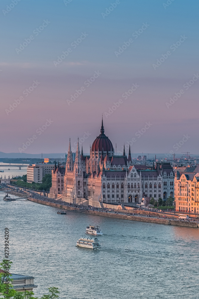 Fototapeta Panorama of Budapest at sunset. Hungarian landmarks