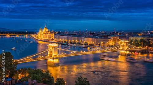 Panorama of Budapest at night. Hungarian landmarks. © tbralnina