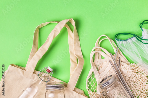 Cotton bags and glassware for free plastic shopping.