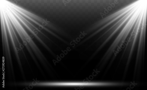 Light sources, concert lighting, spotlights. Concert spotlight with beam, illuminated spotlights for web design illustration.
