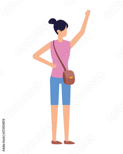 woman with bag waving hand