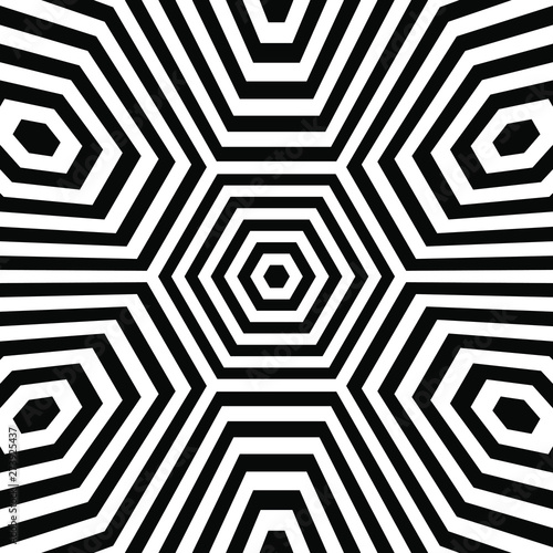 Abstract Black and White Geometric Pattern with Polygons. Contrasty Optical Psychedelic Illusion. Striped Hexagonal Texture.