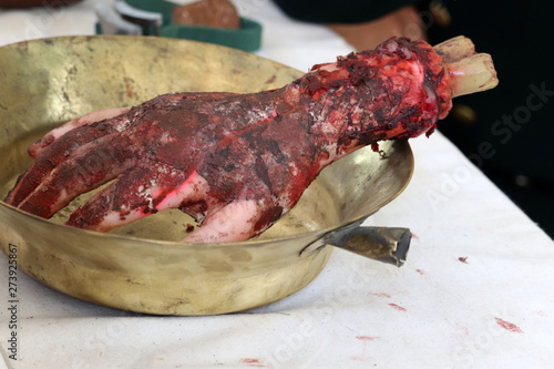 Fake severed human hand in a bowl. Concept of military field hospital, a historical reconstruction of medicine in 19th century