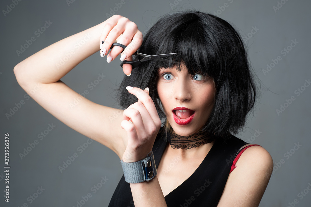 Sensual woman. trendy look. makeup and hair style. Beauty and fashion. Sexy  girl. crazy girl with funny hairdo. woman cut hair with scissors. hairdresser  salon. Joyful woman maintaining fashion blog Stock Photo |