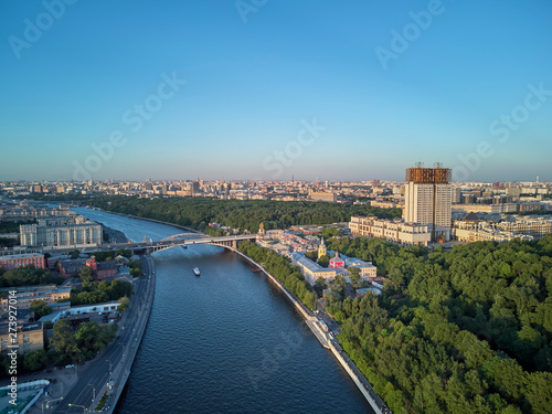 View on the Andreevsky convent and Russian science on the sunset, summer cityscape. Aerial drone view photo