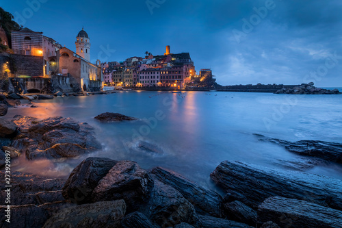 Obraz na płótnie Panorama of night fishing village Vernazza with Santa Margherita Church and lookout tower, Cinque Terre, Italy w salonie