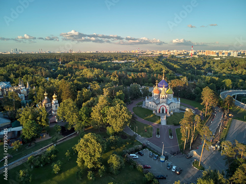 MOSCOW, RUSSIA. Church of the Holy Prince Igor of Chernigov located in the suburban village of Peredelkino. Aerial view photo