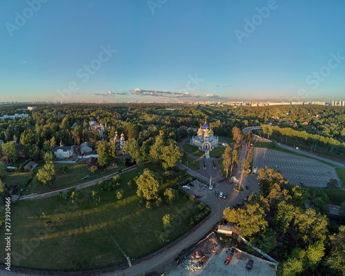 MOSCOW, RUSSIA. Church of the Holy Prince Igor of Chernigov located in the suburban village of Peredelkino. Aerial view