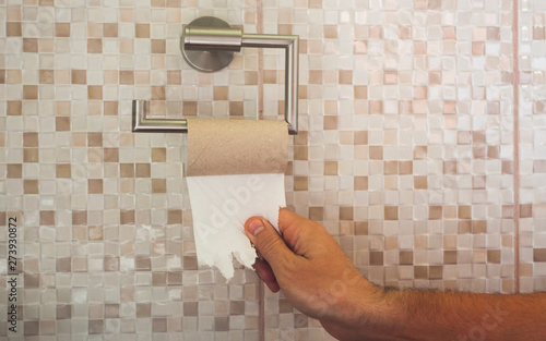 hand with torn toilet paper at the end