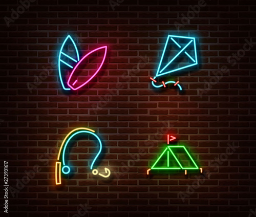 Neon surf boards, kite, fishing rod, tent signs