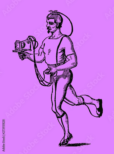 Antique activity tracker. Device applied to the extremities of a man for measuring and registering human locomotion. Illustration after engraving from the 19th century