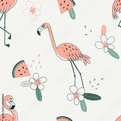 Flamingo and watermelon color vector seamless pattern. Jungle flowers background. Flora and fauna. Exotic pink bird. Tropical animal background. Decorative bird textile, wrapping paper design