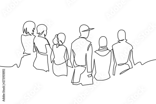 Group of people continuous one line vector drawing. Family, friends hand drawn characters. Crowd standing