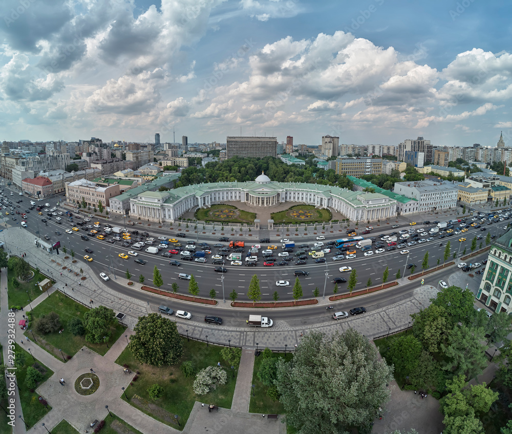 Hospice of Count Sheremetev. Institute of Sklifosovskiy. Suharevskaya square in Moscow Russia. Aerial drone view
