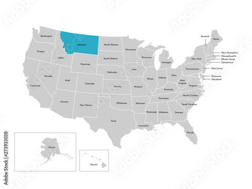 Vector isolated illustration of simplified administrative map of the USA. Borders of the states with names. Blue silhouette of Montana (state)