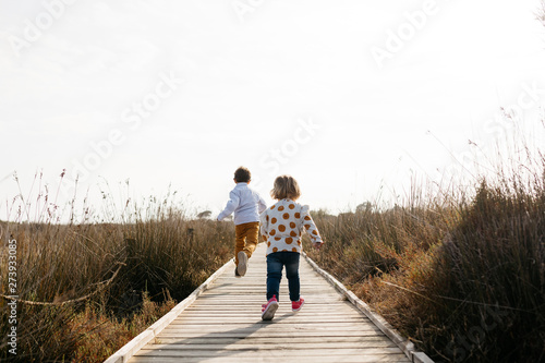 Back view of two little children running on boardwalk