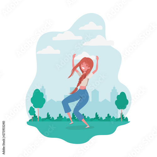 dancing woman in landscape of background