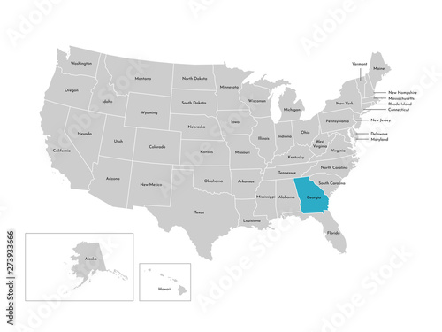 Vector isolated illustration of simplified administrative map of the USA. Borders of the states with names. Blue silhouette of Georgia (state of US)