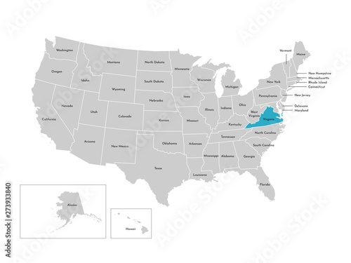 Vector isolated illustration of simplified administrative map of the USA. Borders of the states with names. Blue silhouette of Virginia (state)