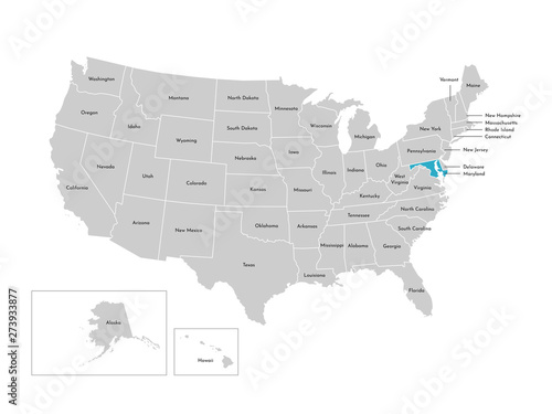 Vector isolated illustration of simplified administrative map of the USA. Borders of the states with names. Blue silhouette of Maryland (state)