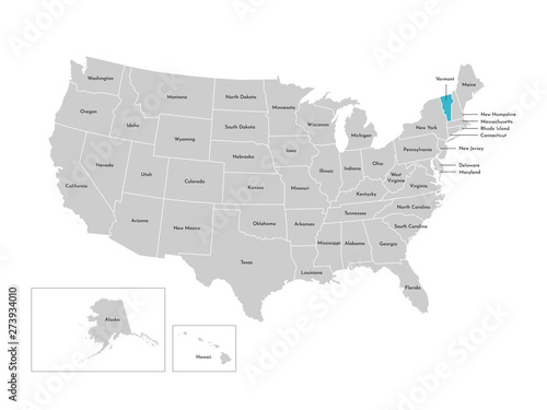 Vector isolated illustration of simplified administrative map of the USA. Borders of the states with names. Blue silhouette of Vermont (state)