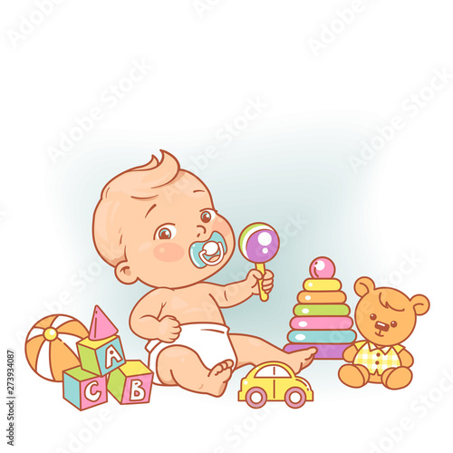 Little baby boy in diaper sitting playing with toys.
