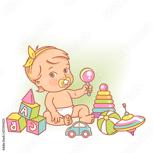 Little baby girl in diaper sitting playing with toys.
